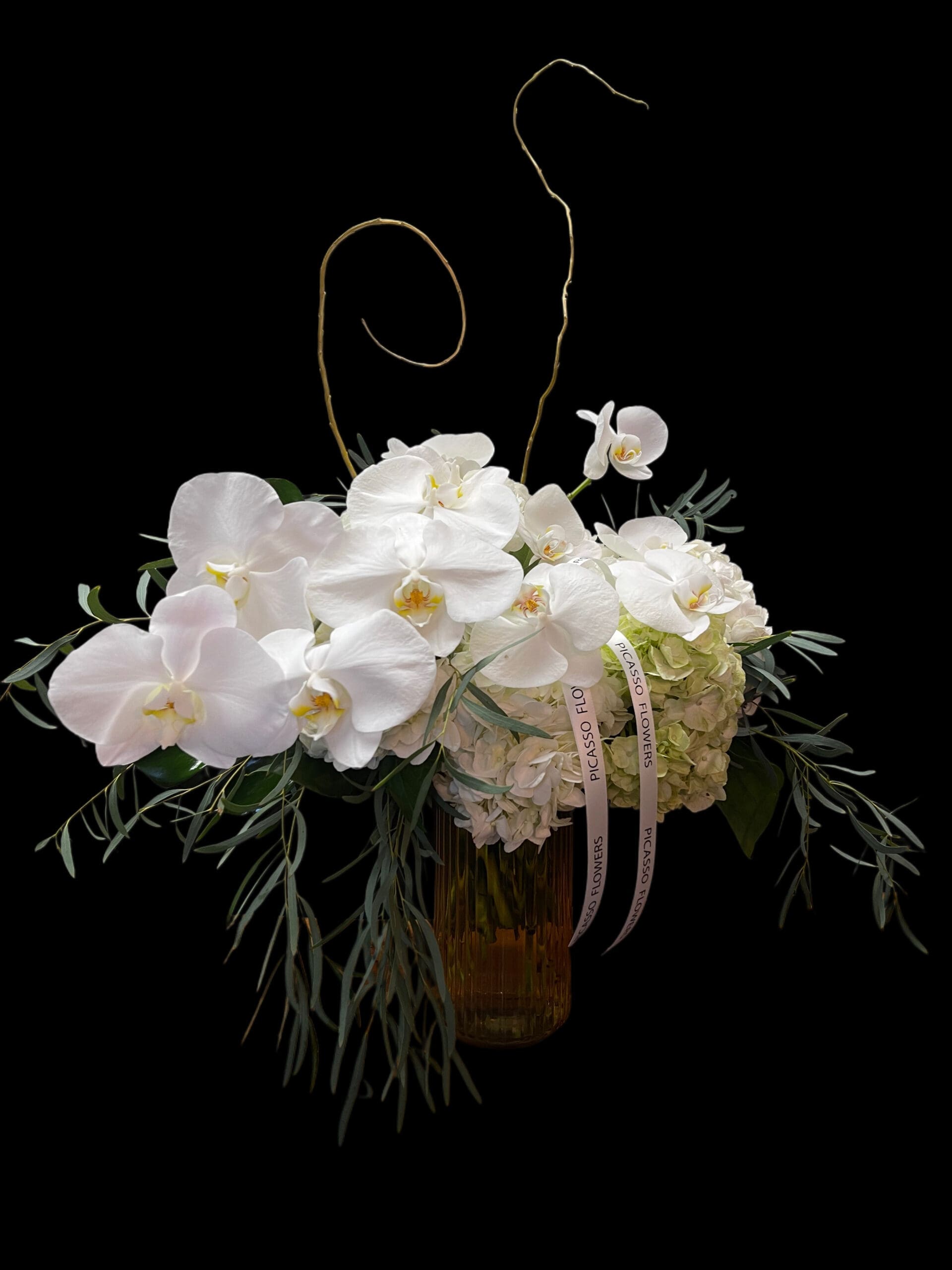 All-white sculptural arrangement with gilded branches in a gold vase, Naples Picasso Flowers