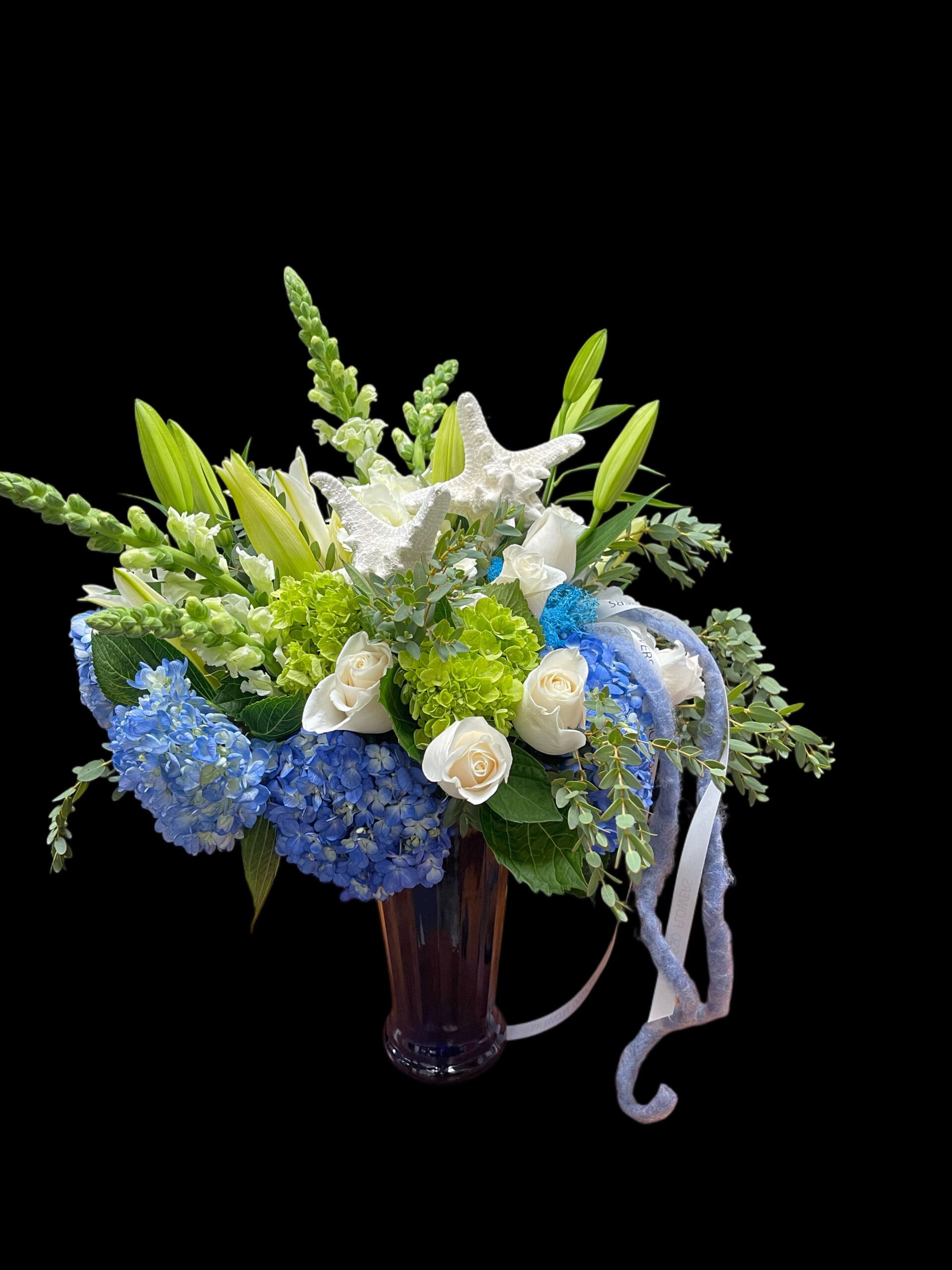 Coastal arrangement in surf white, green and sea blue with starfish accents, Naples Picasso Flowers, Naples FL
