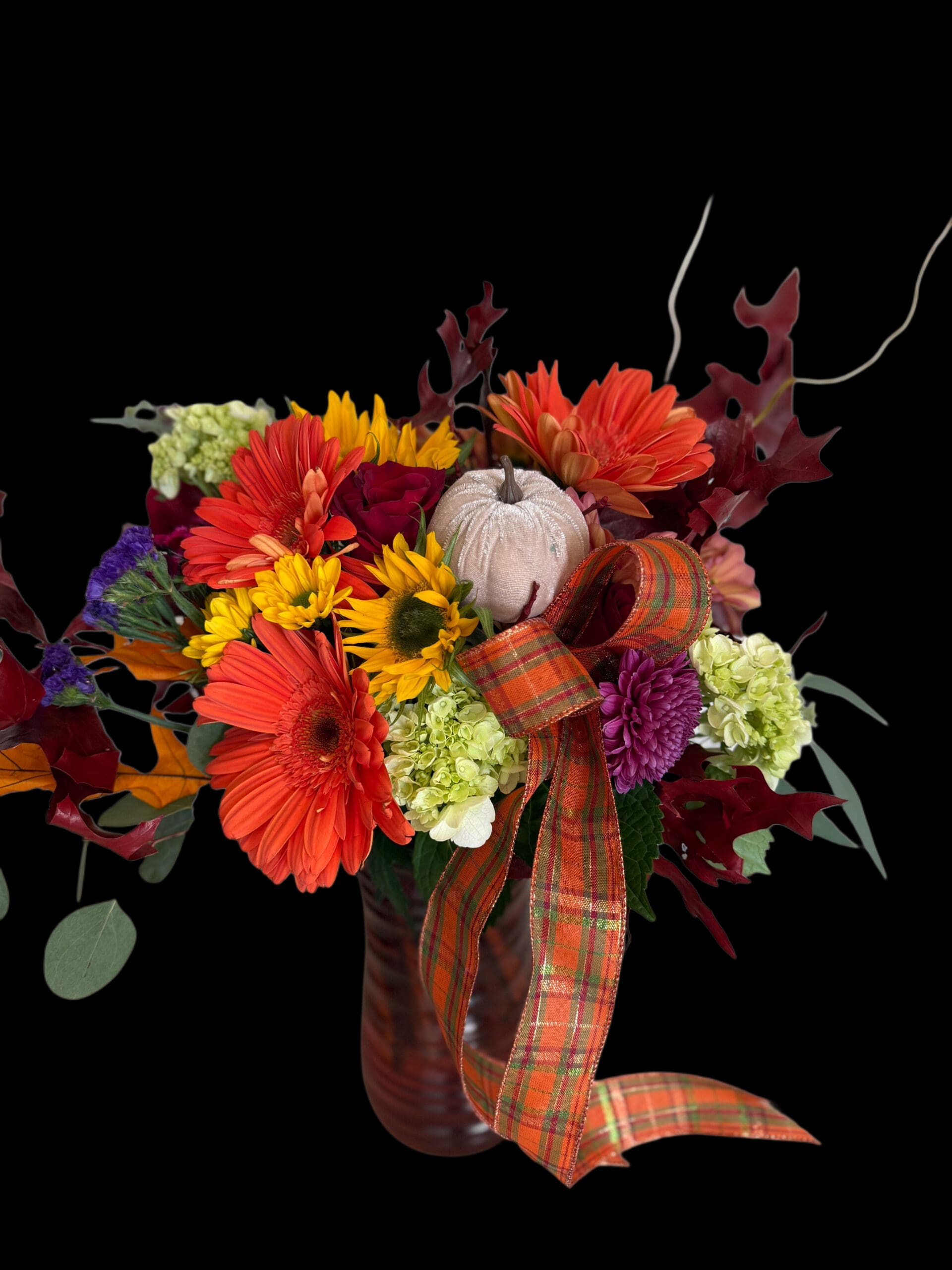 Autumn statement arrangement in flame and gold with plaid ribbon, fall flowers in Naples by Naples Picasso Flowers