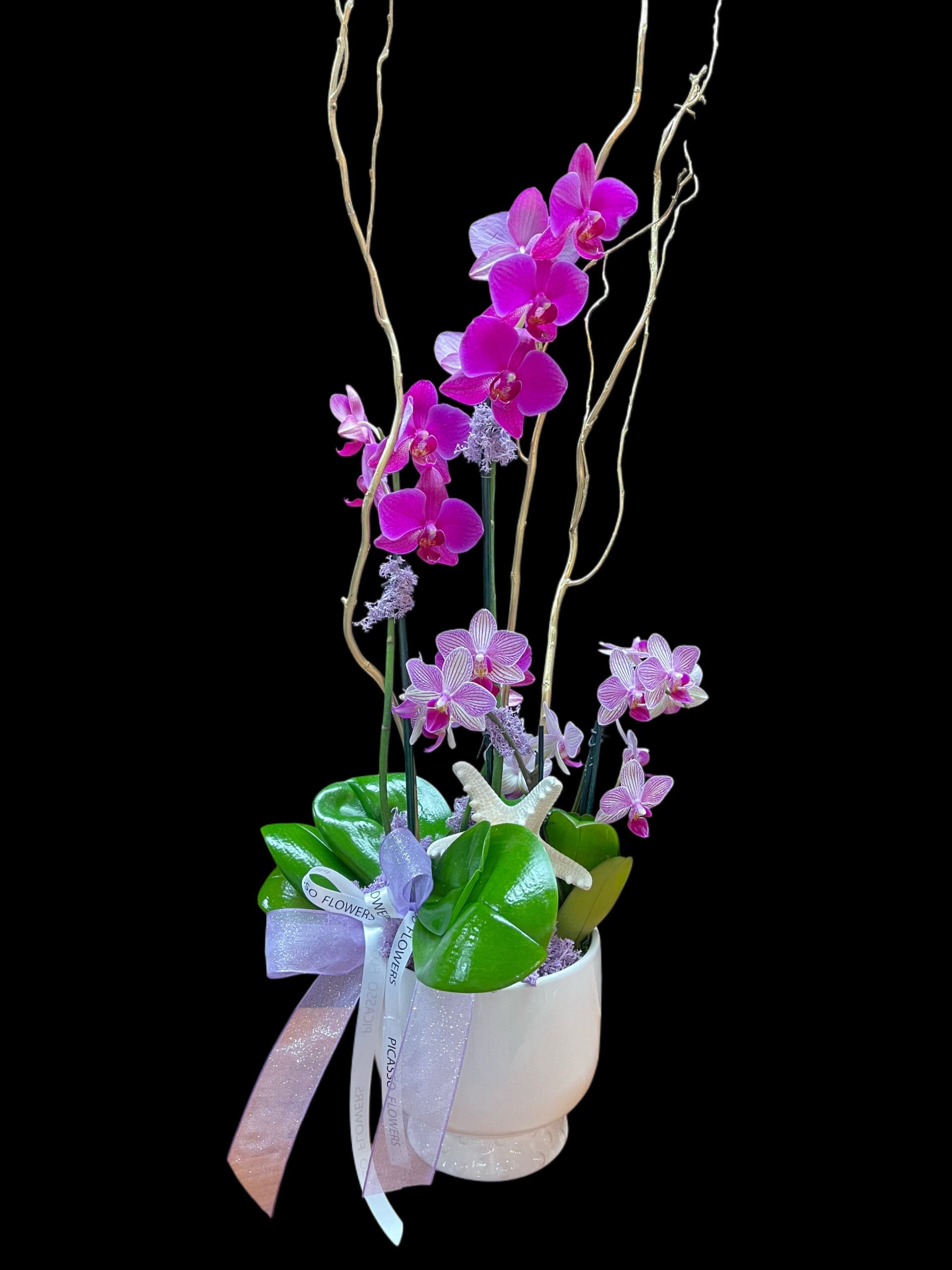 Modern planter design in vivid violet and white ceramic with sculptural branches, Naples Picasso Flowers
